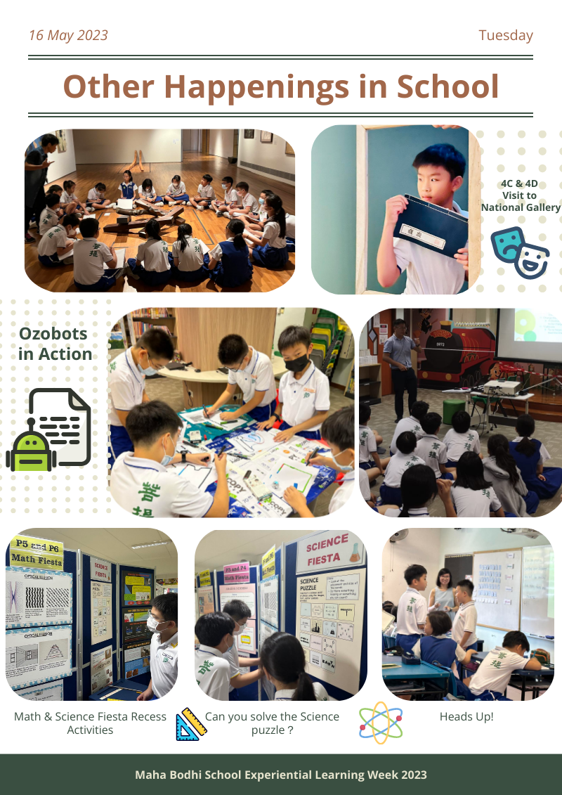 School newsletter from May 16, 2023 showing students in various activities including Ozobots, Math and Science Fiesta, and a National Gallery visit.
